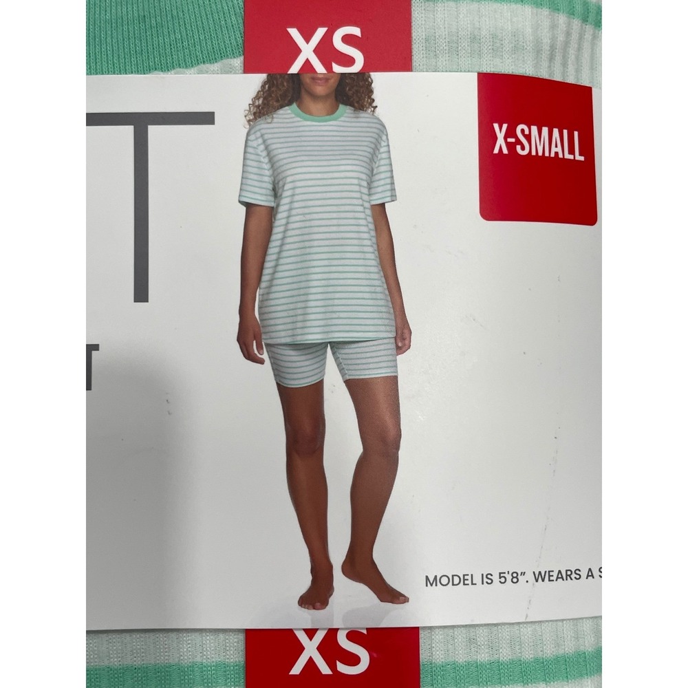 NWT Loft Bike Short Pajama Set Womens XS Green White Striped Ribbed Knit 2pc